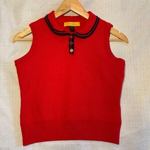 St.John red midi top blouse round collar with gold buttons